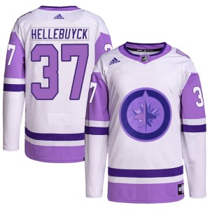 Connor Hellebuyck Men's Adidas Winnipeg Jets Authentic White/Purple Hockey Fights Cancer Primegreen Jersey