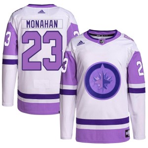 Sean Monahan Men's Adidas Winnipeg Jets Authentic White/Purple Hockey Fights Cancer Primegreen Jersey