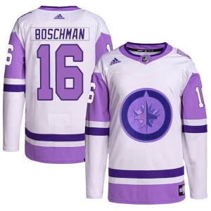 Laurie Boschman Youth Adidas Winnipeg Jets Authentic White/Purple Hockey Fights Cancer Primegreen Jersey