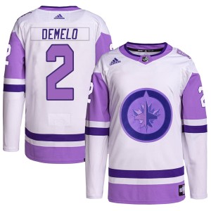 Dylan DeMelo Youth Adidas Winnipeg Jets Authentic White/Purple Hockey Fights Cancer Primegreen Jersey