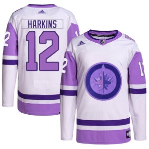 Jansen Harkins Youth Adidas Winnipeg Jets Authentic White/Purple Hockey Fights Cancer Primegreen Jersey