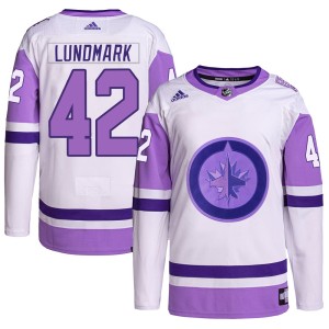 Simon Lundmark Youth Adidas Winnipeg Jets Authentic White/Purple Hockey Fights Cancer Primegreen Jersey